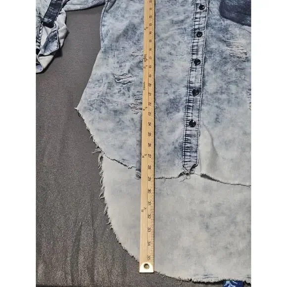 Thrill Jeans Shirt Womens Extra Large Buttoned Destroyed Distressed Denim Shirt - Picture 7 of 8